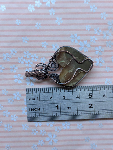 Suture Ammonite Heart Wire Wrapped Oxidized Copper Pendant