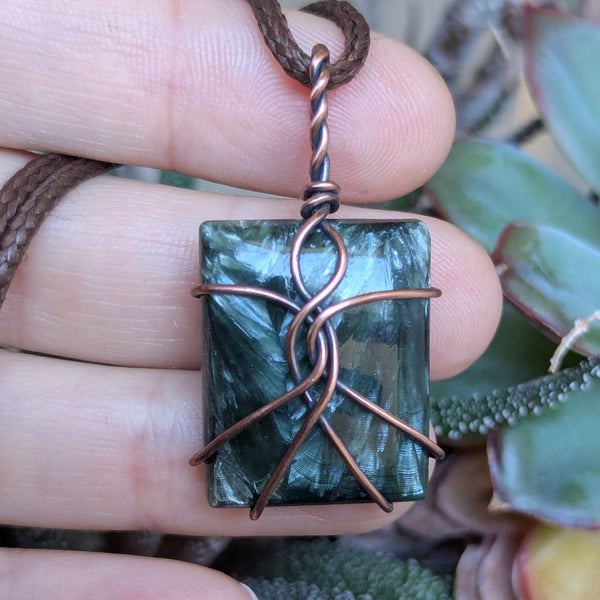 Seraphinite Wire Wrapped Oxidized Copper Pendant