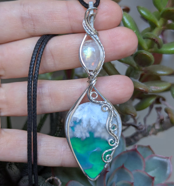Plume Agate Doublet & Rainbow Moonstone Wire Wrapped Pendant in Sterling Silver