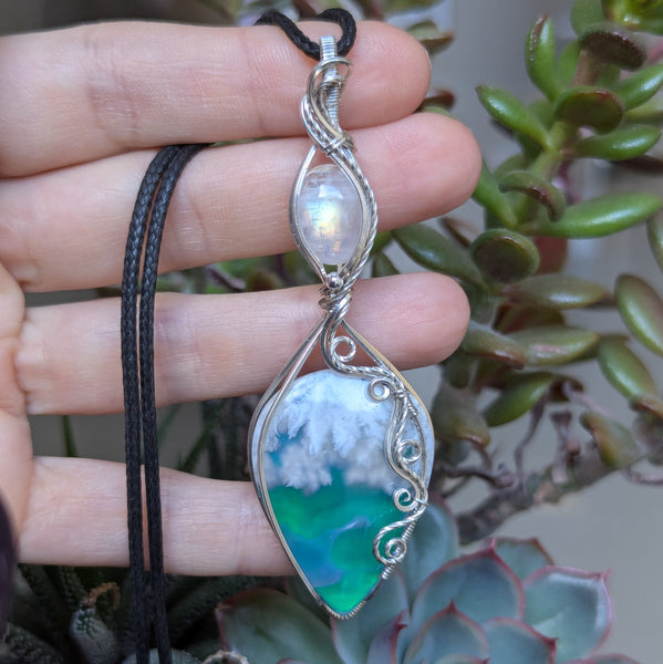Plume Agate Doublet & Rainbow Moonstone Wire Wrapped Pendant in Sterling Silver