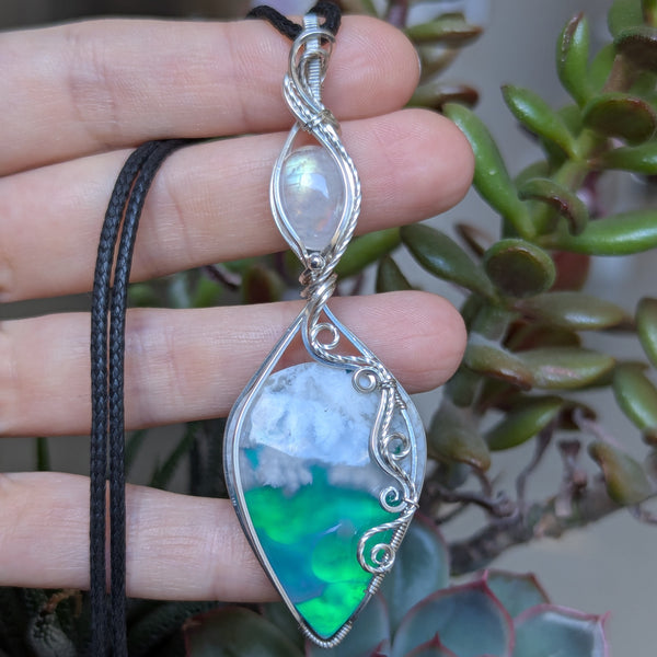 Plume Agate Doublet & Rainbow Moonstone Wire Wrapped Pendant in Sterling Silver