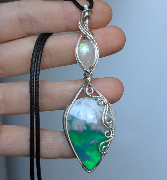 Plume Agate Doublet & Rainbow Moonstone Wire Wrapped Pendant in Sterling Silver