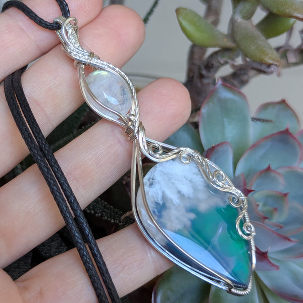 Plume Agate Doublet & Rainbow Moonstone Wire Wrapped Pendant in Sterling Silver