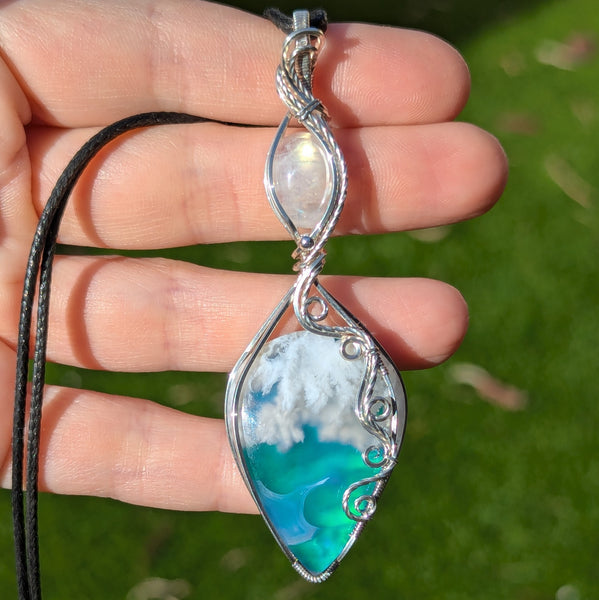 Plume Agate Doublet & Rainbow Moonstone Wire Wrapped Pendant in Sterling Silver