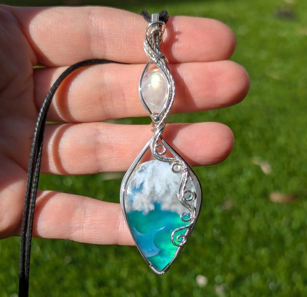 Plume Agate Doublet & Rainbow Moonstone Wire Wrapped Pendant in Sterling Silver