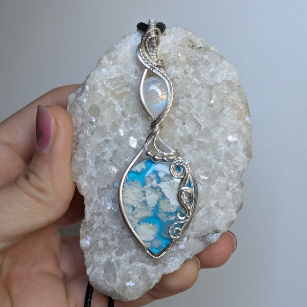 Plume Agate Doublet & Rainbow Moonstone Wire Wrapped Pendant in Sterling Silver