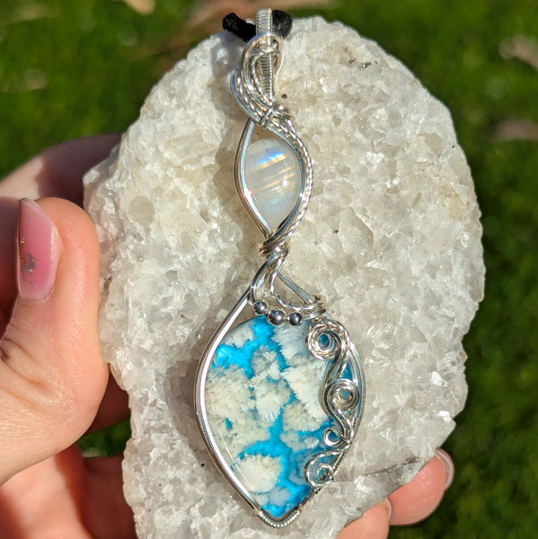 Plume Agate Doublet & Rainbow Moonstone Wire Wrapped Pendant in Sterling Silver