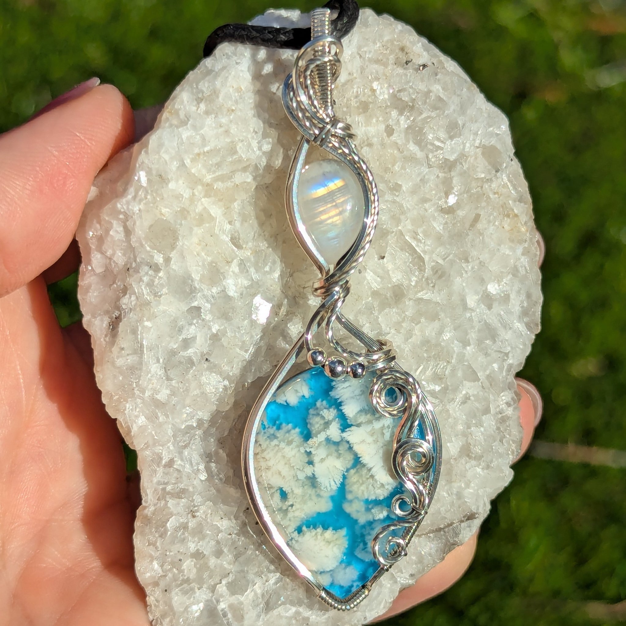 Plume Agate Doublet & Rainbow Moonstone Wire Wrapped Pendant in Sterling Silver