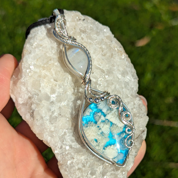 Plume Agate Doublet & Rainbow Moonstone Wire Wrapped Pendant in Sterling Silver