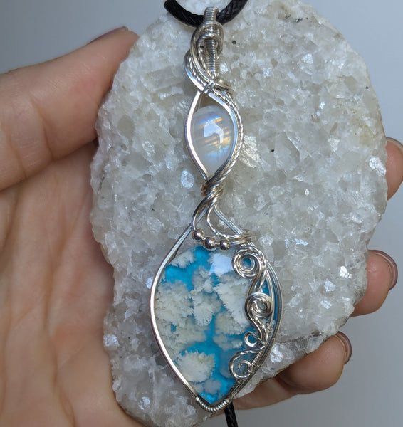 Plume Agate Doublet & Rainbow Moonstone Wire Wrapped Pendant in Sterling Silver