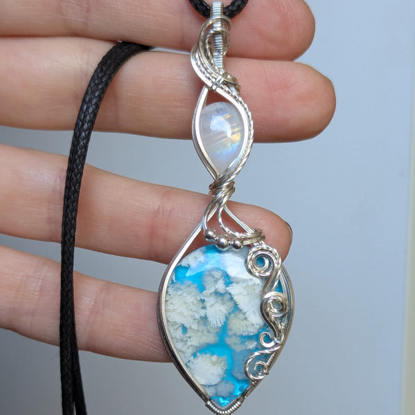 Plume Agate Doublet & Rainbow Moonstone Wire Wrapped Pendant in Sterling Silver