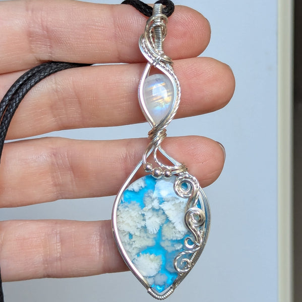Plume Agate Doublet & Rainbow Moonstone Wire Wrapped Pendant in Sterling Silver