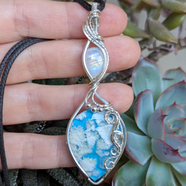 Plume Agate Doublet & Rainbow Moonstone Wire Wrapped Pendant in Sterling Silver