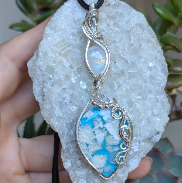 Plume Agate Doublet & Rainbow Moonstone Wire Wrapped Pendant in Sterling Silver