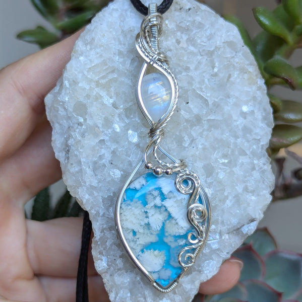 Plume Agate Doublet & Rainbow Moonstone Wire Wrapped Pendant in Sterling Silver