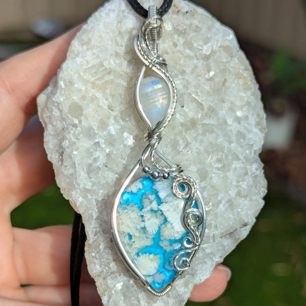 Plume Agate Doublet & Rainbow Moonstone Wire Wrapped Pendant in Sterling Silver