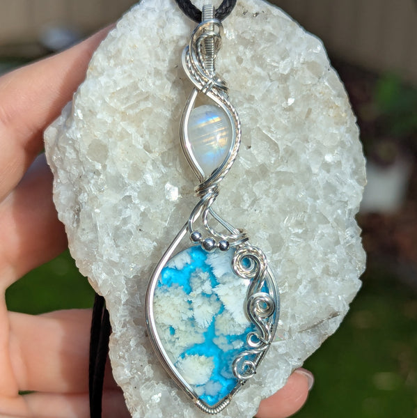 Plume Agate Doublet & Rainbow Moonstone Wire Wrapped Pendant in Sterling Silver