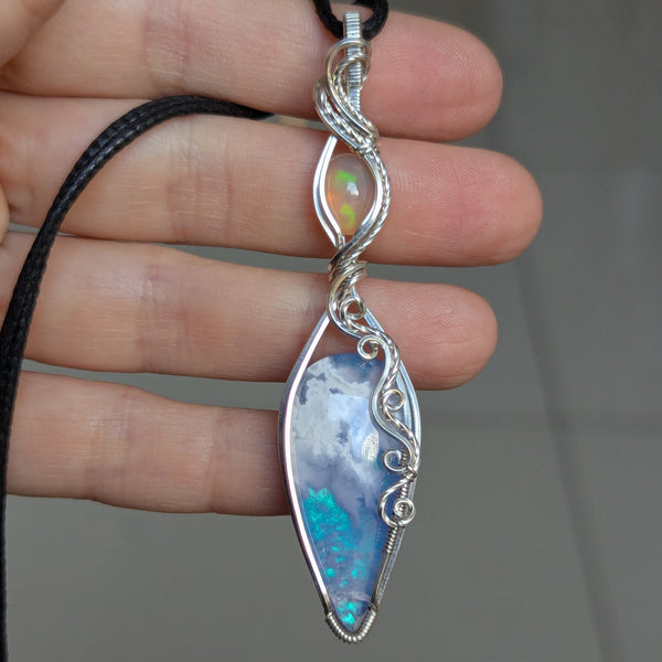 Plume Agate Doublet & Welo Opal Wire Wrapped Pendant in Sterling Silver