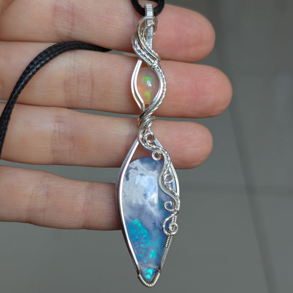 Plume Agate Doublet & Welo Opal Wire Wrapped Pendant in Sterling Silver