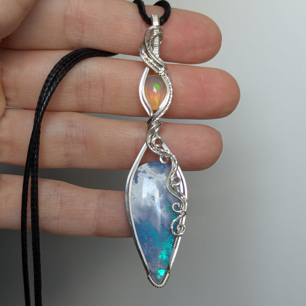 Plume Agate Doublet & Welo Opal Wire Wrapped Pendant in Sterling Silver