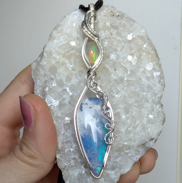 Plume Agate Doublet & Welo Opal Wire Wrapped Pendant in Sterling Silver
