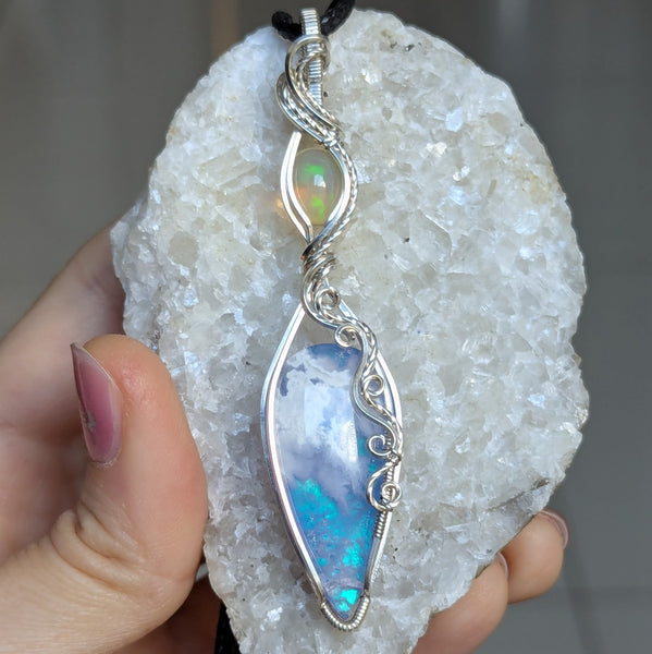 Plume Agate Doublet & Welo Opal Wire Wrapped Pendant in Sterling Silver