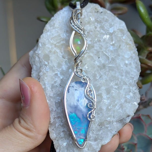 Plume Agate Doublet & Welo Opal Wire Wrapped Pendant in Sterling Silver