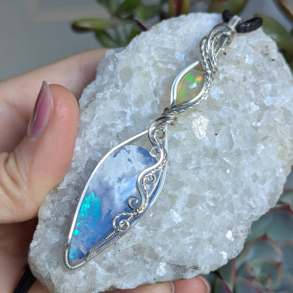 Plume Agate Doublet & Welo Opal Wire Wrapped Pendant in Sterling Silver
