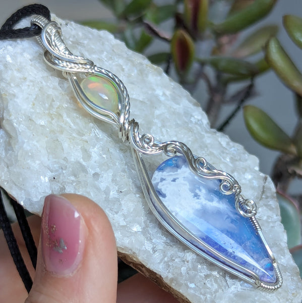 Plume Agate Doublet & Welo Opal Wire Wrapped Pendant in Sterling Silver