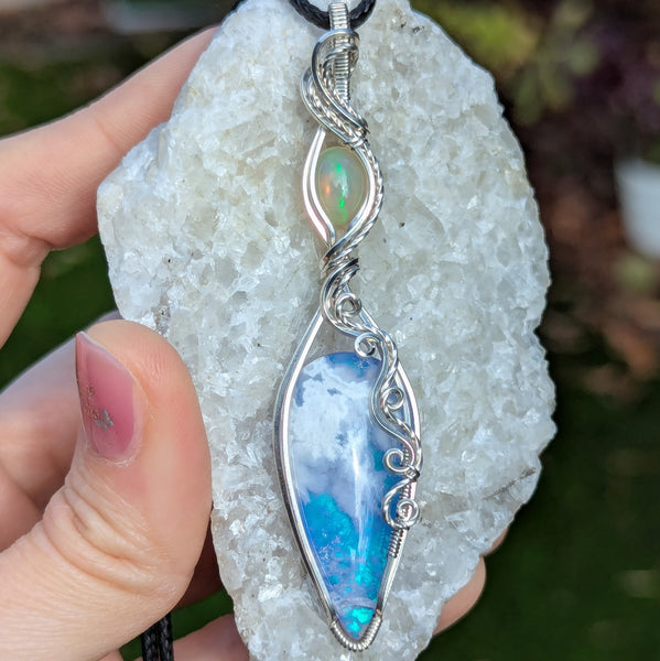 Plume Agate Doublet & Welo Opal Wire Wrapped Pendant in Sterling Silver