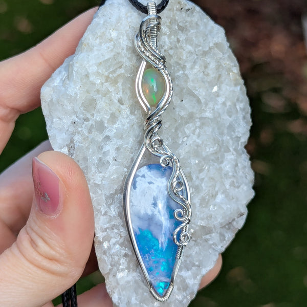 Plume Agate Doublet & Welo Opal Wire Wrapped Pendant in Sterling Silver