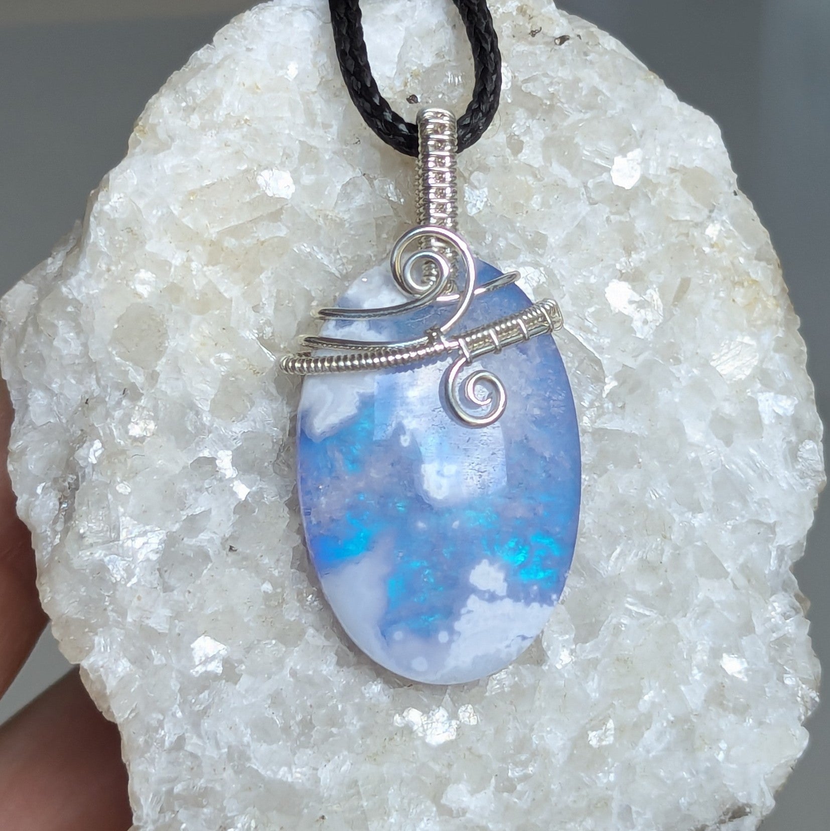 Plume Agate Doublet Wire Wrapped Pendant in Sterling Silver