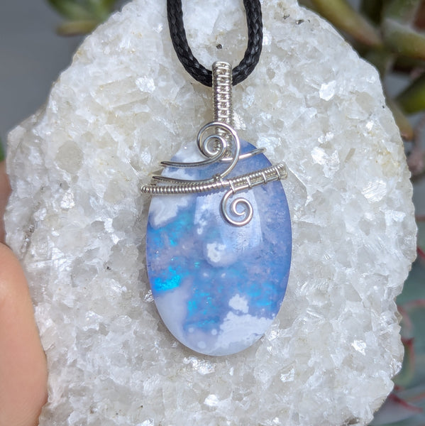 Plume Agate Doublet Wire Wrapped Pendant in Sterling Silver