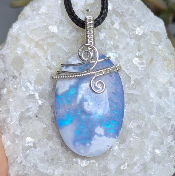 Plume Agate Doublet Wire Wrapped Pendant in Sterling Silver
