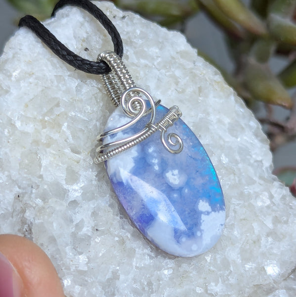Plume Agate Doublet Wire Wrapped Pendant in Sterling Silver