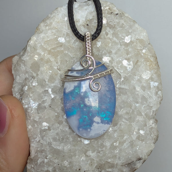 Plume Agate Doublet Wire Wrapped Pendant in Sterling Silver