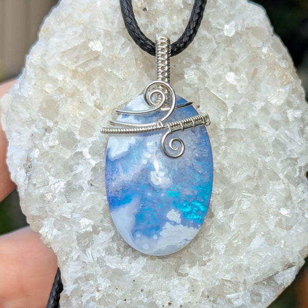 Plume Agate Doublet Wire Wrapped Pendant in Sterling Silver