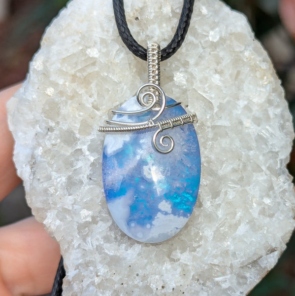 Plume Agate Doublet Wire Wrapped Pendant in Sterling Silver
