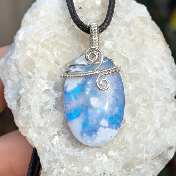 Plume Agate Doublet Wire Wrapped Pendant in Sterling Silver