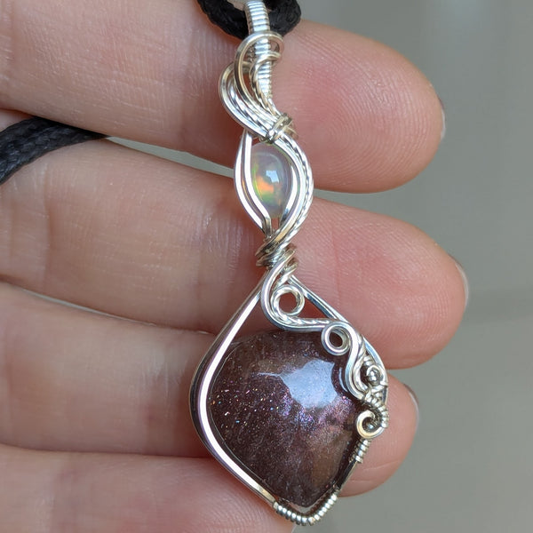 Red Sunstone & Welo Opal Wire Wrapped Pendant in Sterling Silver
