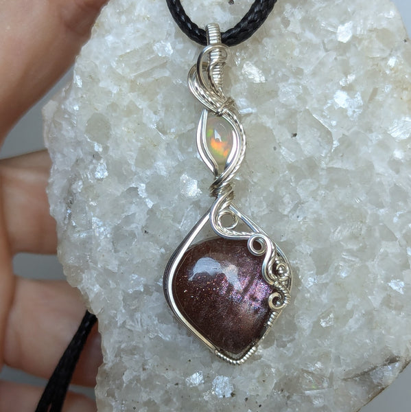 Red Sunstone & Welo Opal Wire Wrapped Pendant in Sterling Silver