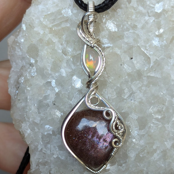 Red Sunstone & Welo Opal Wire Wrapped Pendant in Sterling Silver