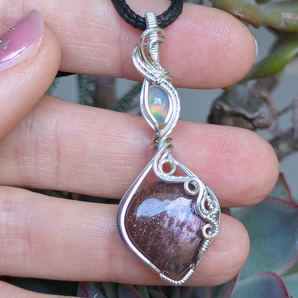 Red Sunstone & Welo Opal Wire Wrapped Pendant in Sterling Silver
