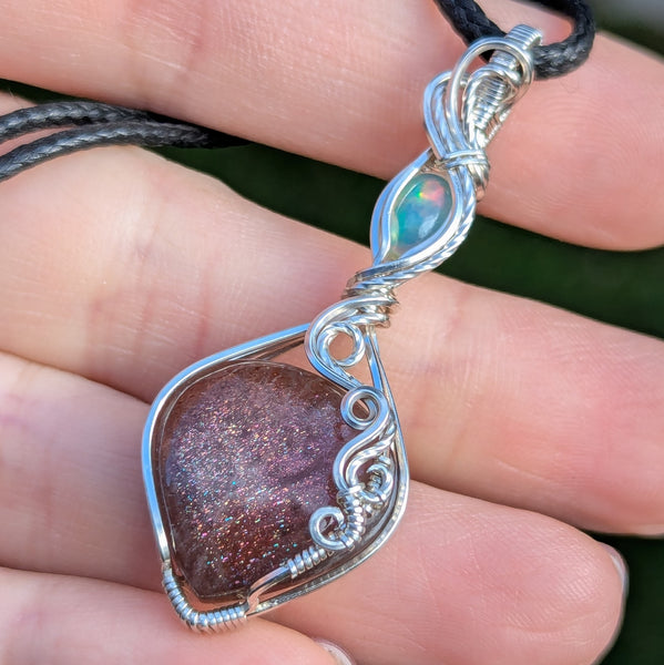 Red Sunstone & Welo Opal Wire Wrapped Pendant in Sterling Silver