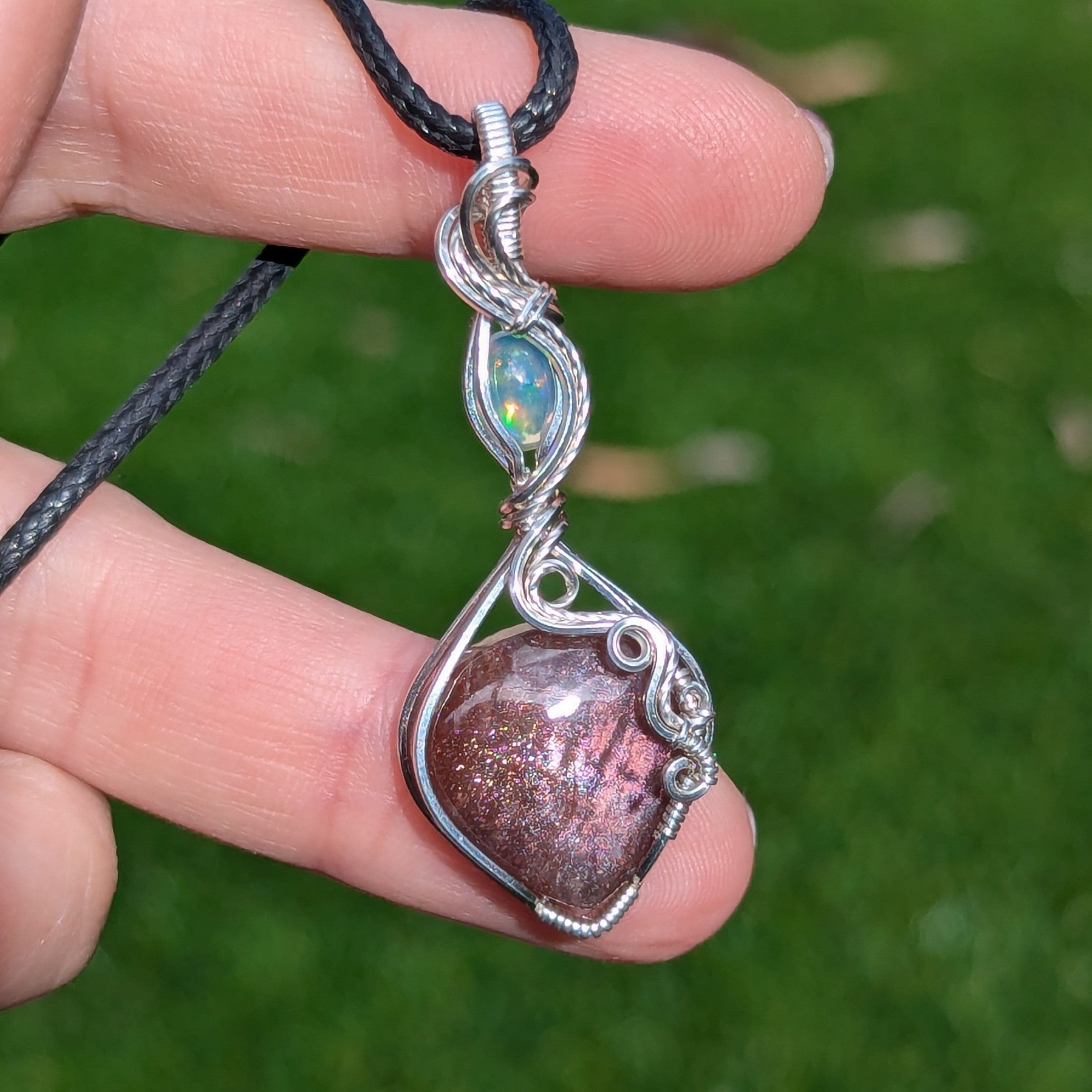 Red Sunstone & Welo Opal Wire Wrapped Pendant in Sterling Silver