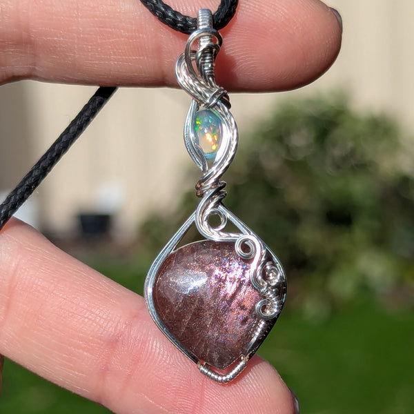 Red Sunstone & Welo Opal Wire Wrapped Pendant in Sterling Silver