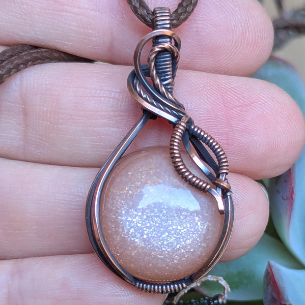 Sparkly Peach Moonstone Wire Wrapped Oxidized Copper Pendant