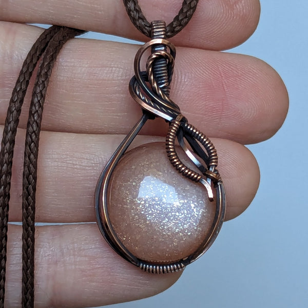 Sparkly Peach Moonstone Wire Wrapped Oxidized Copper Pendant