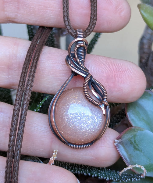 Sparkly Peach Moonstone Wire Wrapped Oxidized Copper Pendant