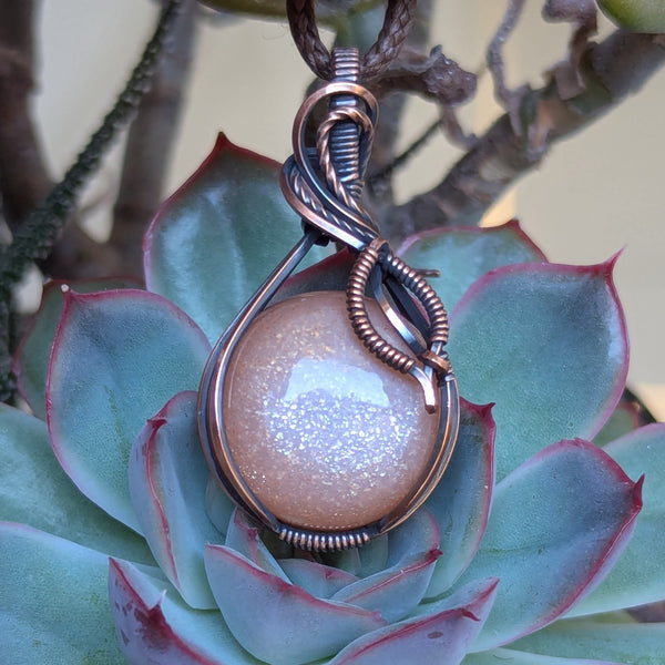 Sparkly Peach Moonstone Wire Wrapped Oxidized Copper Pendant